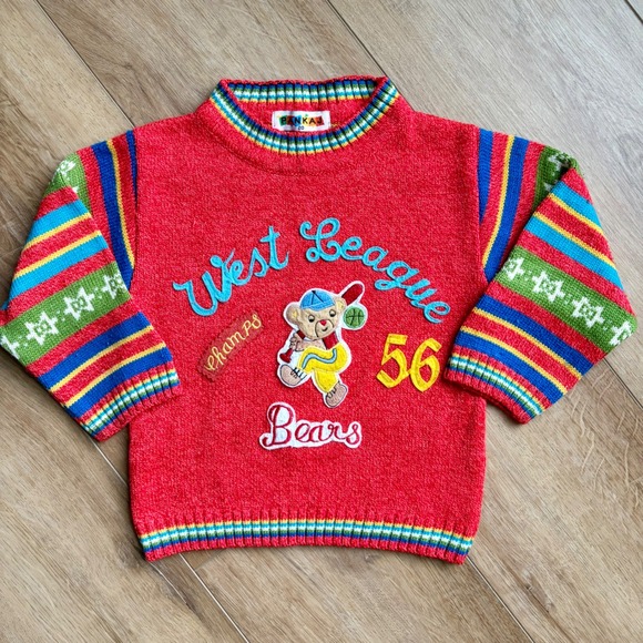 Pankaj Other - VTG Pankaj Kids 3T / 4T Sweater Red Teddy Bear Rainbow Striped Novelty Knit 90s